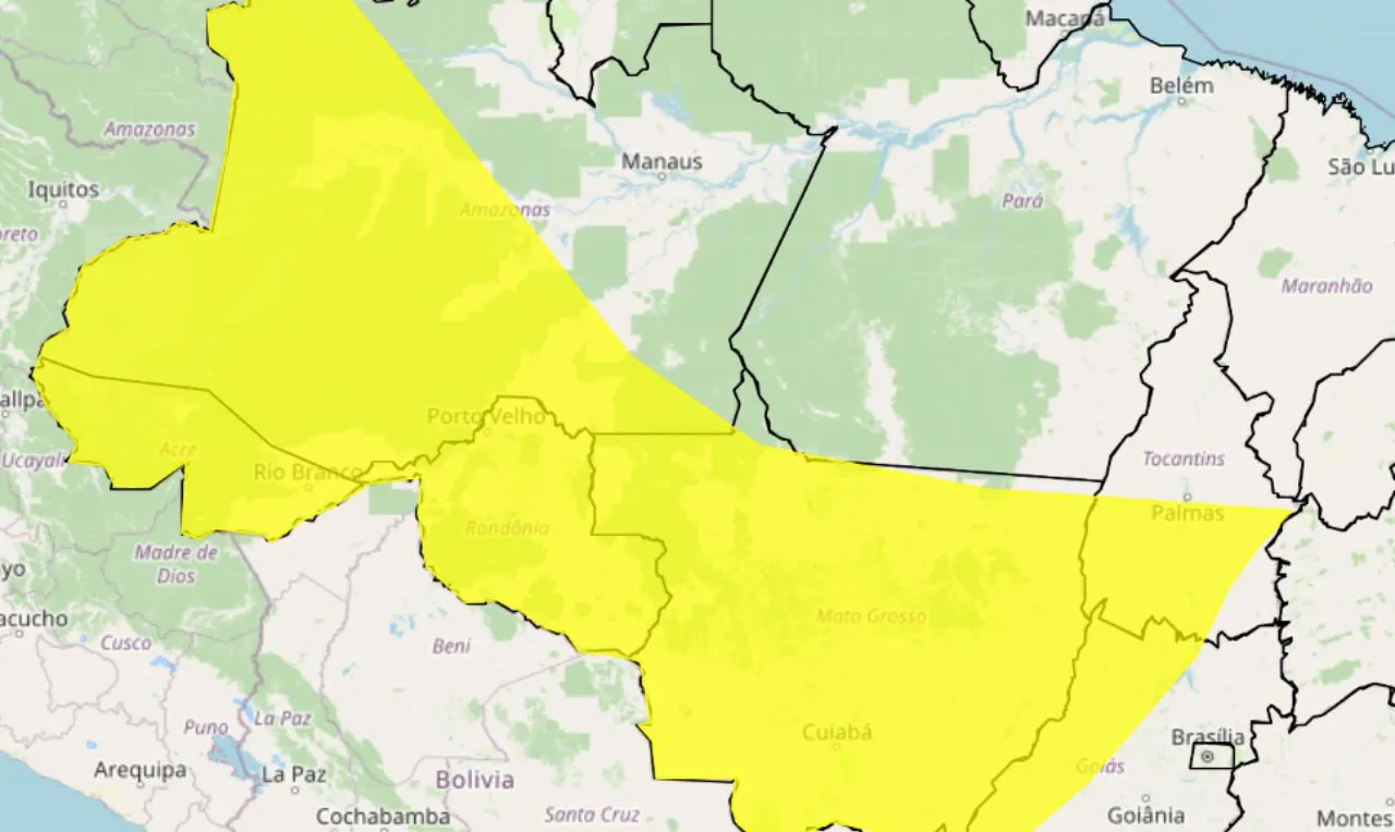 o mapa mostra às áreas em alerta para chuva intensa